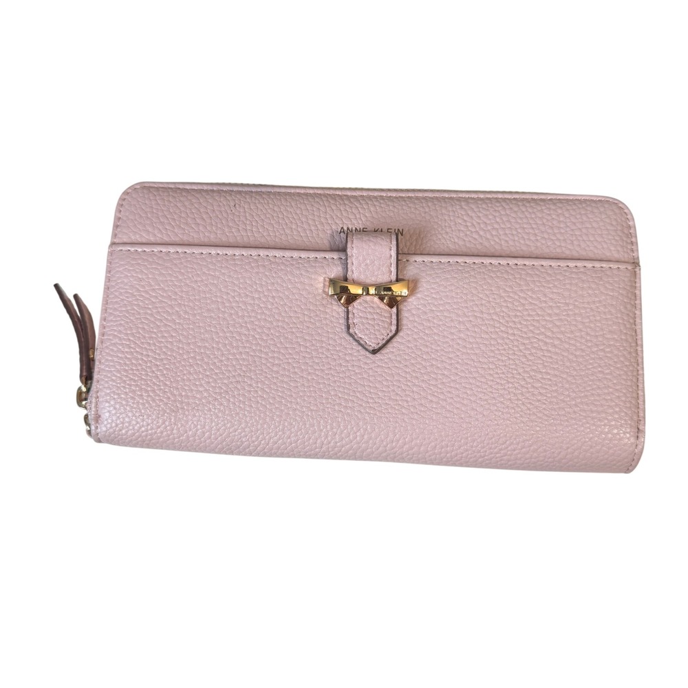 Anne Klein Blush‎ Pink Pebbled Zip Around Wallet Gold Bow Detail Continental